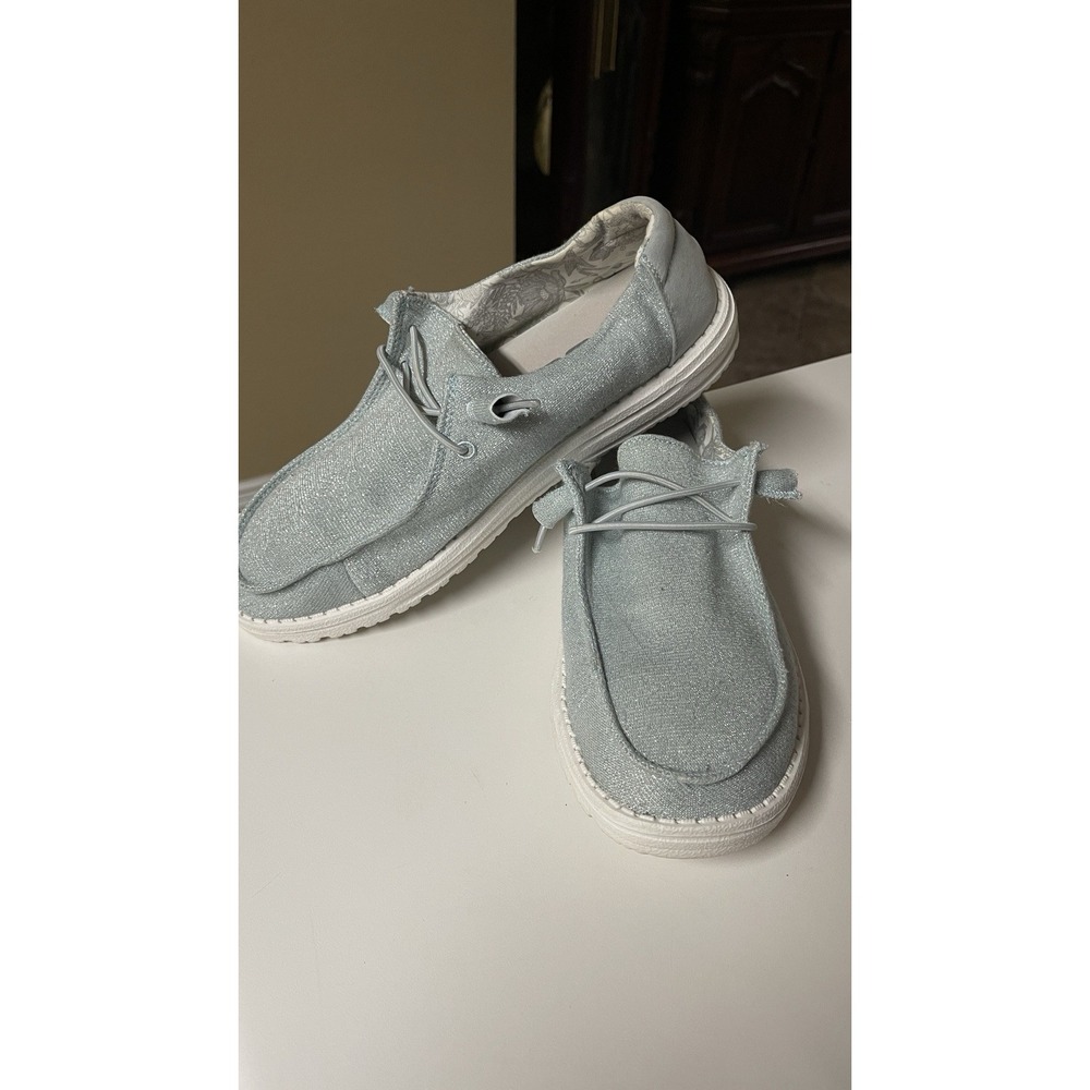 Hey Dude Wendy Stretch Sparkling Sky Blue Shoes Womens 9 Metallic Slip On Loafer